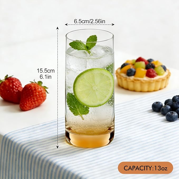 Amber Highball Glasses Set of 6,13oz Drinking Glass Cups for Mixed Drink Cocktail, Beer, Mojito, Water and Juice,Thick Tall Crystal Glassware for Kitchen, Restaurant, Home Bar and Parties