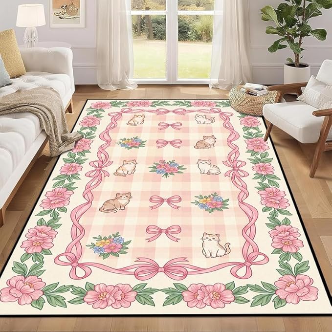2'x3' Cat Floral Area Rug Pink Bow Flower Carpet Washable Rug Cute Cartoon Boho Floor Mat for Entryway Bedroom Living Room Nursery Playroom Classroom Home Decor