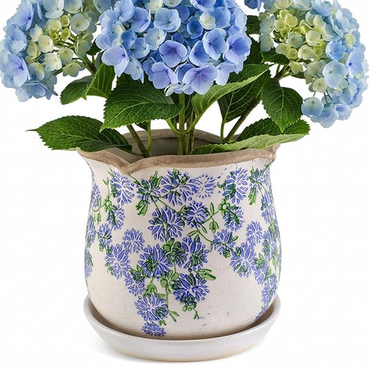 Ceramic-Planters-for-Indoor-Plants with Saucer, 6 inch Vintage Ice Crackle Glaze Plant Pots with Drainage Holes, Decorative Flower Pots for Outdoor Garden Home Decor, Tuscan Pot for Plant