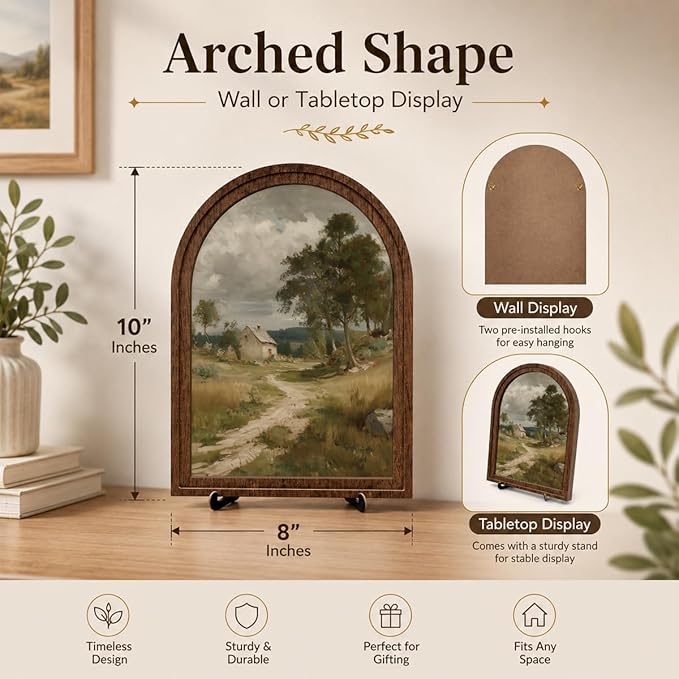 Tabletop Wood Decor Rustic Landscape Sign, Arched Wooden Frame Farmhouse Artwork for Shelf or Desk Display, Vintage Countryside Pictures for Living Room Bathroom Table or Wall Decor