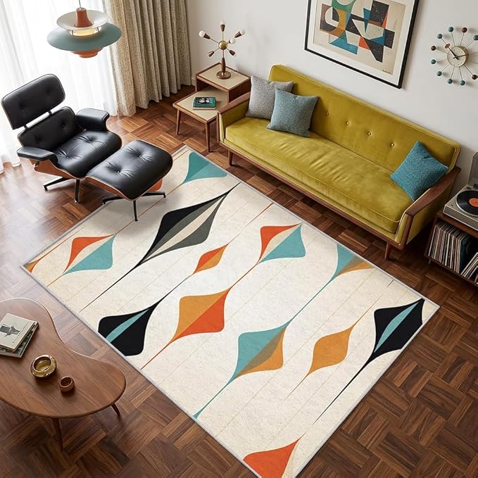 Mid Century Modern Rug 8x10, Washable Retro Geometric Rugs for Living Room Bedroom, Minimalist Area Rug for Home Decor, Non Slip Backing Floor Carpet with Gripper - 8 x 10 ft