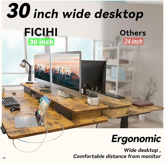 FiCiHi Adjustable Height Standing Desk with 4 Drawers,48 x 30 inches Electric Sit Stand Home Office Desk with Two Tiers, 3 Memory Presets, Monitor Stand Riser, USB A/C Charging Port