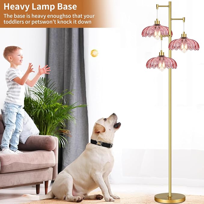 ILLMTW Pink Floor Lamp for Living Room,Bedroom,Gold Flower Mid Century Modern Standing Lamp Brass Tree 3 Light Tall Floor Lamps Vintage Floor Lights Glass Lamp Shade Farmhouse Boho Bohemian