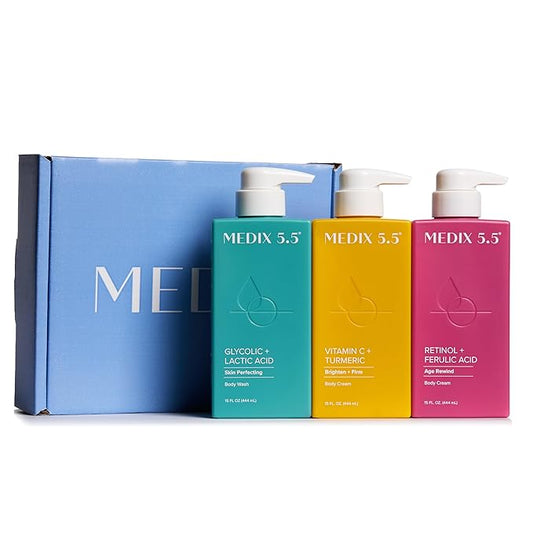 MEDIX Smooth & Glow 3PC Skin Care Set | Glycolic Acid Exfoliating Body Wash Gel + Brightening Vitamin C Cream + Firming Retinol Body Lotion Gift Box | Skin Care Products | Gifts For Women