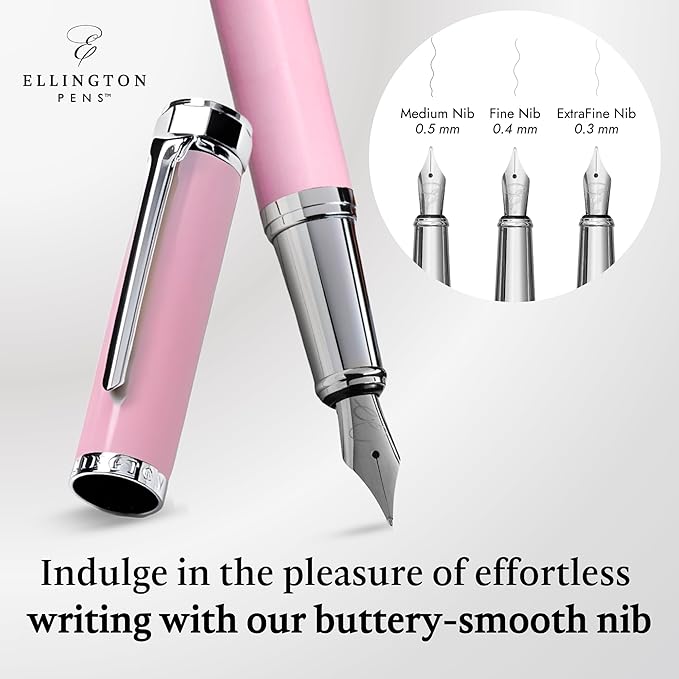 Ellington Pens Luxury Fountain Pen Set - Extra Fine Nib - Includes 3 Ink Cartridges, Refillable Ink Converter, Gift Box - Fountain Pens For Writing, Calligraphy, Journaling, Sketching (Rosy Flair)