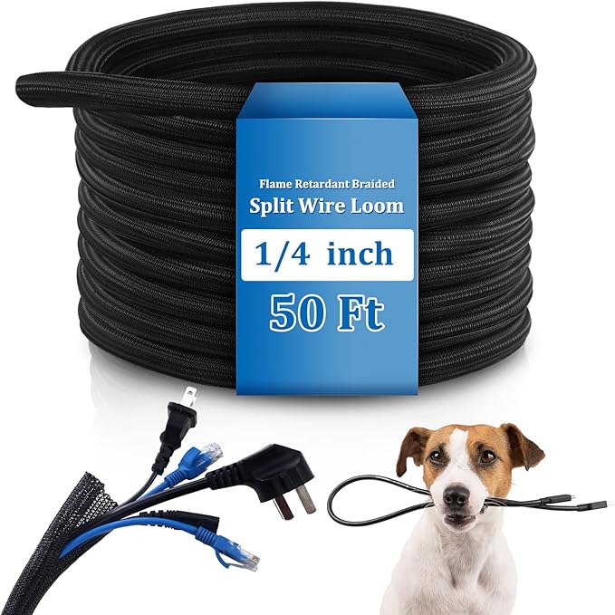 Pangda 50ft Split Wire Loom Tubing Flame Retardant Braided Cable Sleeve Split High Temperature Cable Conduit Auto Wire Conduit for Industrial Electrical Tinsel Automotive Marine(50 Ft, 1/4")
