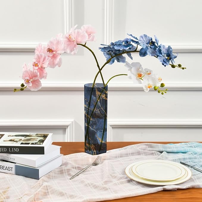 Marble Texture Natural Luxury Navy Blue Gold Color Plastic Vase 11.8 x 3.9 Inch Large Flower Vases Clear Flower Vases for Bouquet Indoor Bedroom Dining Room Decor