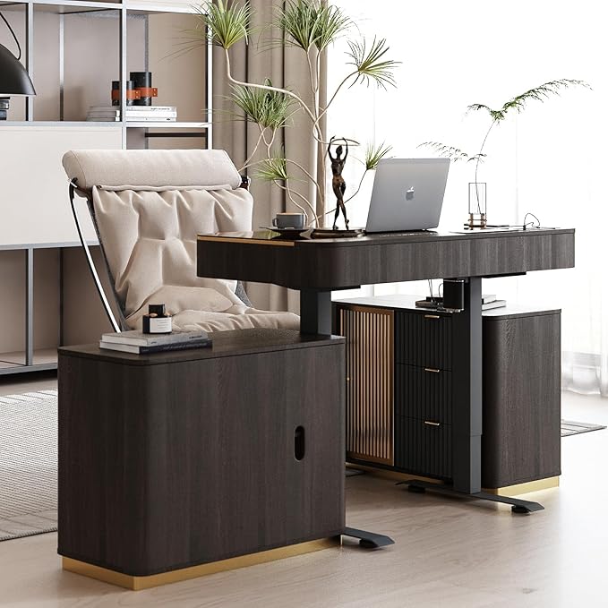 Lartis Office Desk, Electric Standing Desk with Built-in Outlets, Tempered Glass Top Modern Office Computer Desk with 2 Side cabinets (Black Brown, 50)