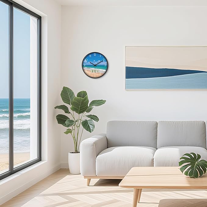 Coastal Beach Wall Clock, 14 Inch Silent Non-Ticking Battery Operated Analog Clock with LCD Date Day Temp Display, Decorative for Living Room, Bedroom, Kitchen, Beach House, Coastal Homes