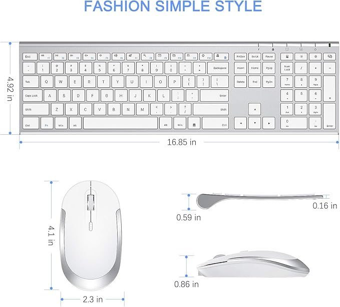 Wireless Keyboard and Mouse, Vssoplor 2.4GHz Rechargeable Compact Quiet Full-Size Keyboard and Mouse Combo with Nano USB Receiver for Windows, Laptop, PC, Notebook-White Silver