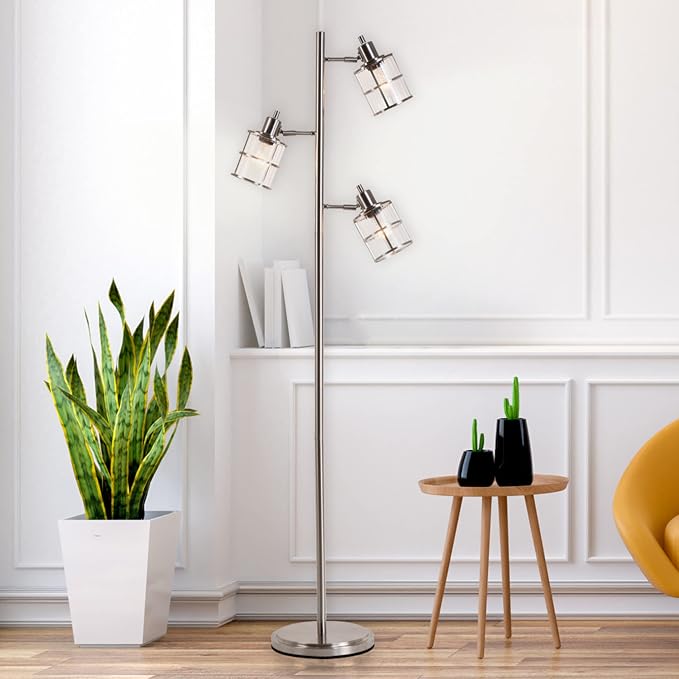 Catalina Lighting Modern 3 Light Floor Lamp with Adjustable Ribbed Glass Shades & Reading Light, 68", Classic Brushed Nickel