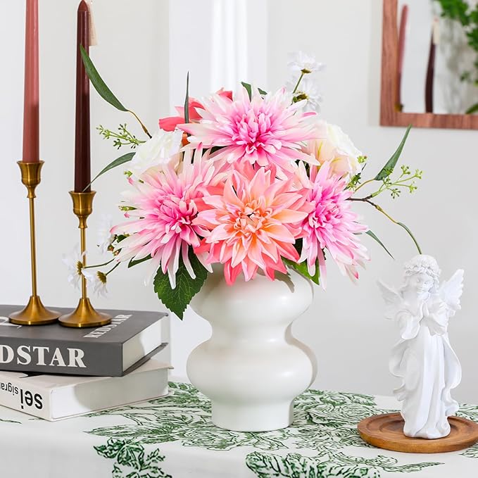 Artificial Flowers – Elegant Flower Bouquet, Faux Silk Dahlia & White Roses Floral Arrangement Fake Plant Decor for Home Indoor, Farmhouse kitchen Dining Decoration Wedding Table Centerpiece