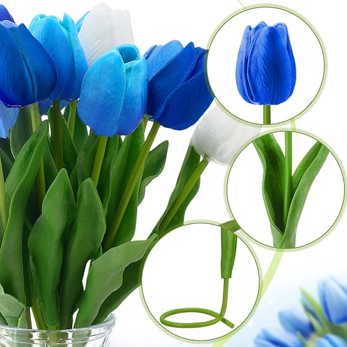 Janinka 100pcs Artificial Tulip Flowers Fake PU Tulips Faux Latex Bouquet Flower Centerpieces Arrangement Floral for Mother Day Wedding Spring Decorations (White,Light Blue,Royal Blue)