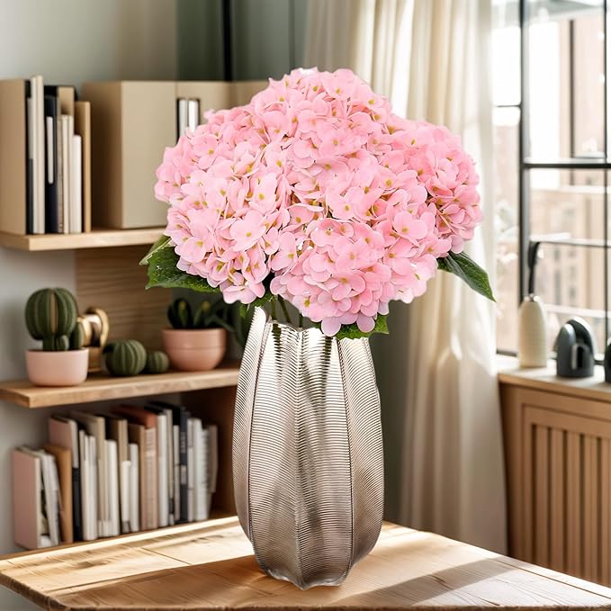 Kimura's Cabin 5Pcs 21inch Lifelike Faux Hydrangea Real Touch Latex Hydrangeas Long Stem with Leaves Artificial Hydrangea Bouquet for Home Wedding Baby Shower Birthday Party Decoration (Pink)