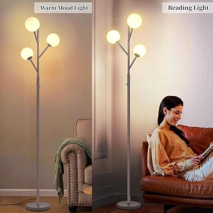 Ldeco Dimmable 3-Globe Mid Century Modern Floor Lamp, Bulbs Included,70in Tall Silver Standing Floor Lamp with Frosted Glass Shade for Living Room,Office Bedroom, Study Room, Hotel, (dimmer-Silver)