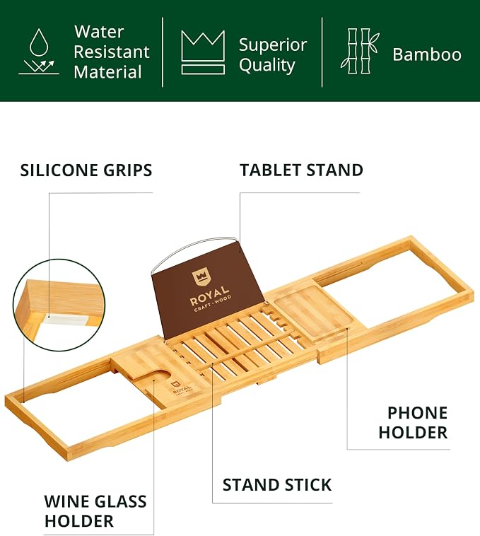 ROYAL CRAFT WOOD Premium Foldable Bathtub Tray Caddy - Wood Bath Tray for Tub, Bamboo Shelf, Expandable Bath Table Trays, Bathtub & Bathroom Accessories for New Home & Mothers, Birthday Gifts for Mom
