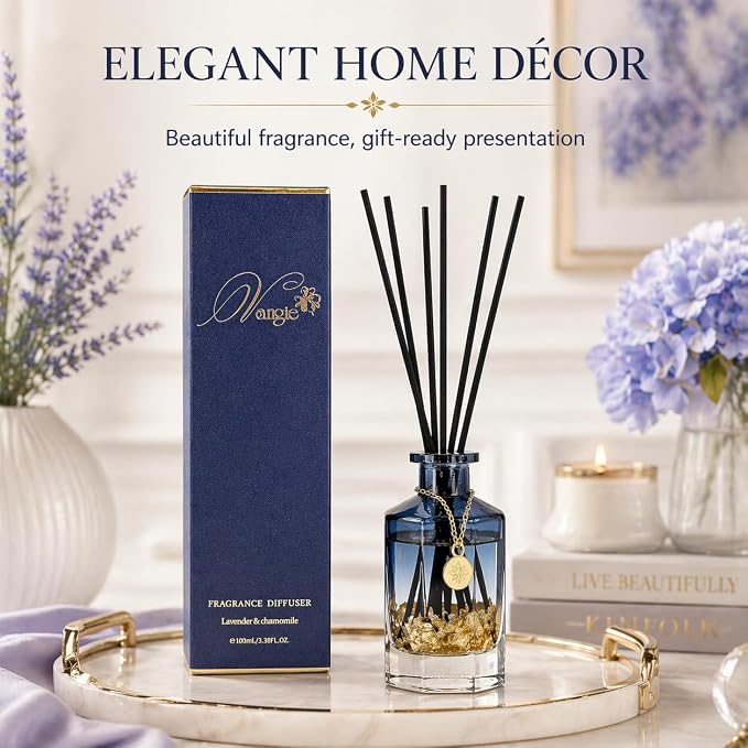 VANGIE Luxury Reed Diffuser for Home | Lavender & Chamomile Calming Scent | Floating Gold Leaf Glass Bottle | Long-Lasting Aroma | Vegan | Bedroom, Bathroom & Relaxing Spaces