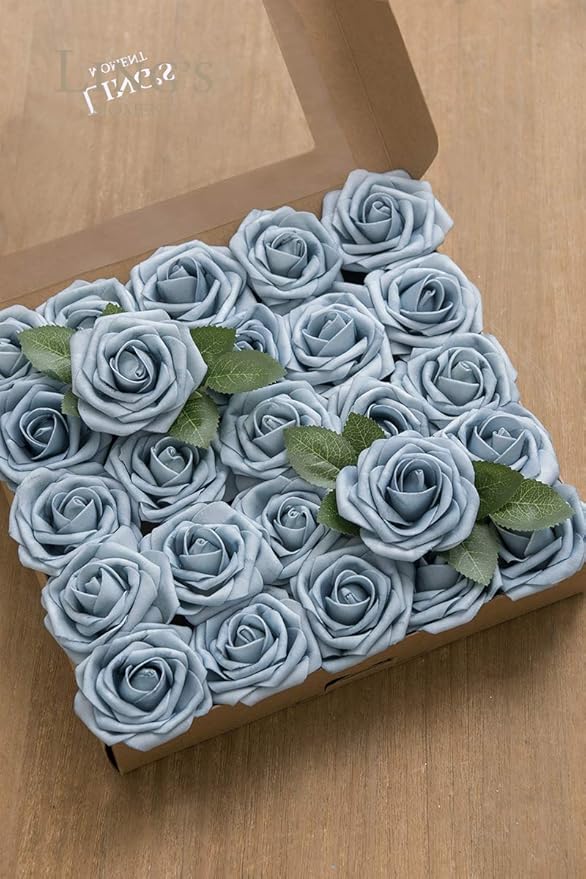 Ling's moment Artificial Flowers 50Pcs Dusty Blue Roses Decor w/Stems,3" Real Touch DIY Foam Floral for Wedding Bouquet/Centerpieces, Outdoors Party Backdrop, Room/Table, and Garden/Pot Decorations