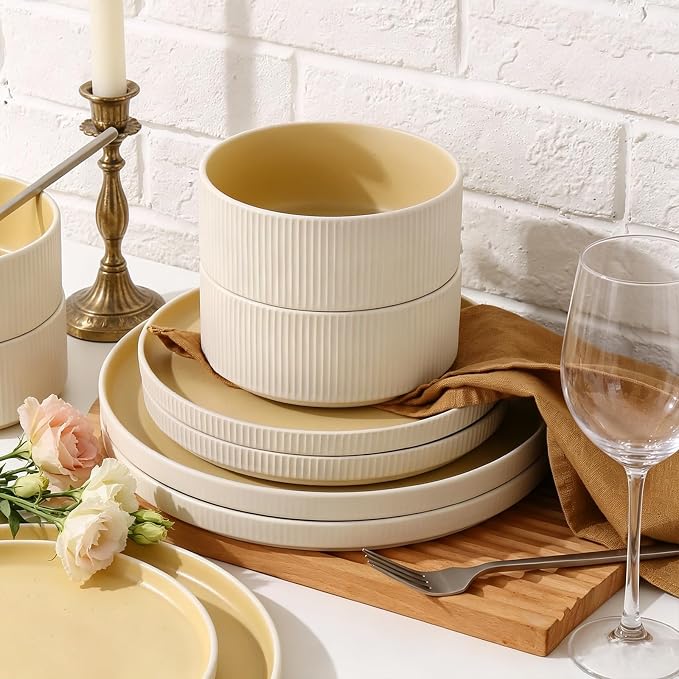 MONITO Ceramic Dinnerware Sets for 6, 18PCS Stoneware Plates and Bowls Sets, Reactive Glaze Dish Set, Chip and Scratch Resistant Double, Microwave and Dishwasher Safe, White Orange