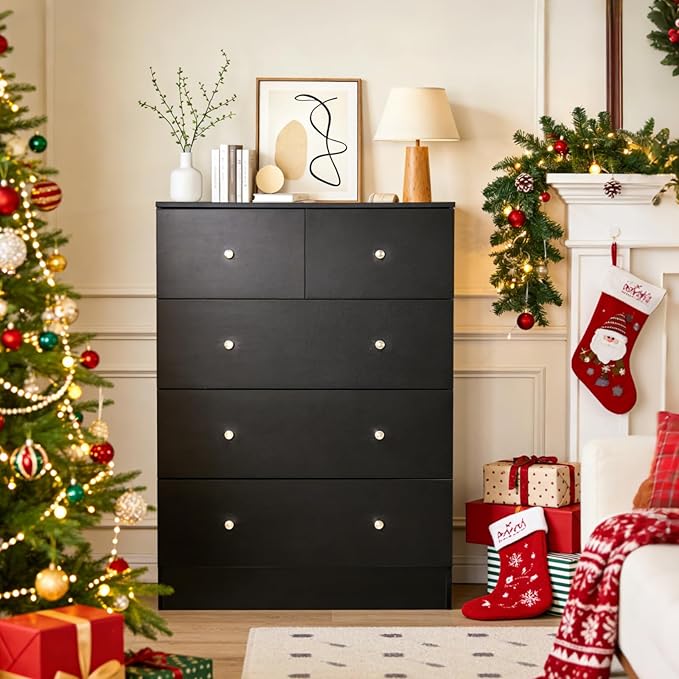 Karl home Black 5 Drawer Dresser for Bedroom, Tall Dresser Chest of Drawers, Rustic Wood Bedroom Dressers Clothes Organizer, Anti-Tipping Device, Rose Gold Metal Handle, Living Room, Entryway, Office