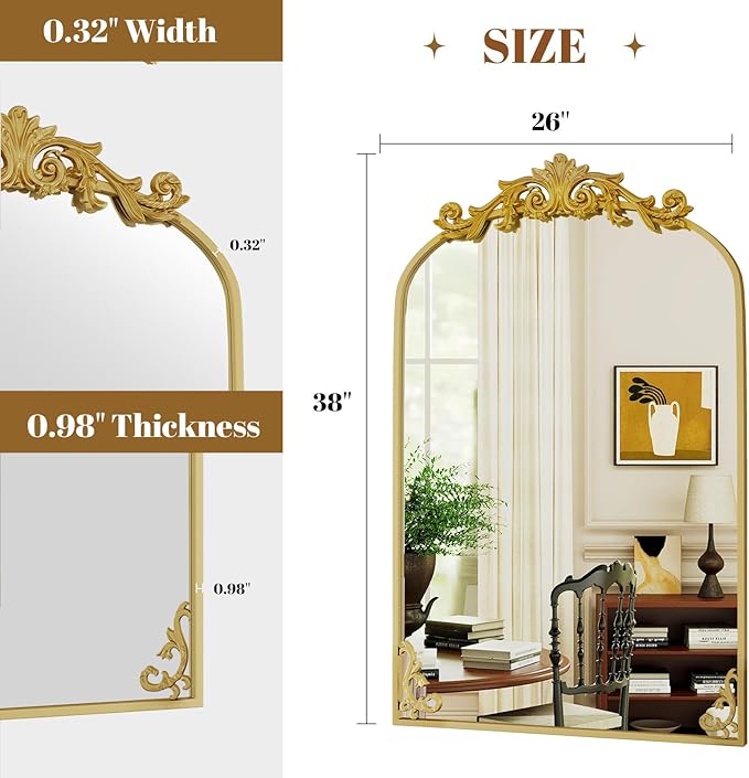 VooBang 26x38 inch Vintage Arched Bathroom Mirror - Gorgeous Wall Vanity Mirror with Beautiful Retro Top and Bottom Engraving Process Frame for Entryway Hallway Living Room, Gold