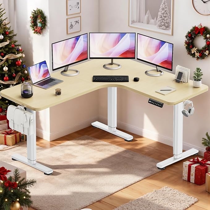 Flycity Electric L Shaped Standing Desk Adjustable Height, 63" x 55" Corner Stand Up Table, Home Office Desk, Dual Motor Sit Stand Desk, Computer Desk with 3 Memory Preset & Lock, Maple