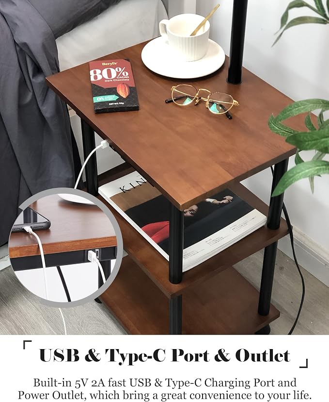 ELYONA Rubber Wood Floor Lamp with Table, Rustic End Table Lamp with USB & Type C Charging Port & Outlet, 3-Tier Shelf Nightstand Tall Standing Lamp for Living Room, Bedroom, Office, LED Bulb Included