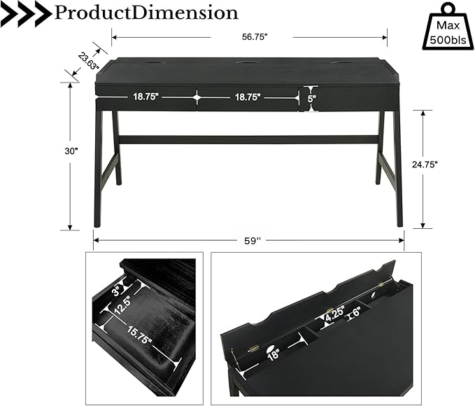 HNY 59 Inches Black Wooden Writing Desk with 3 Drawers, Computer Study Table with MDF Top, Solid Rubberwood Legs and Hidden Cable Management Holes, Corner Makeup Vanity Desk for Home Office, Bedroom