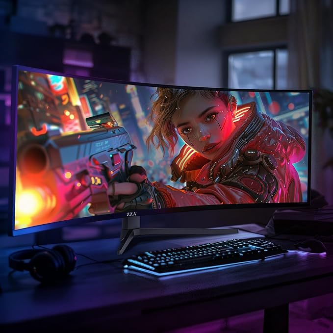 ZZA 49 Inch Ultrawide Curved Gaming Monitor, 165Hz, DQHD 5120x1440P, 1500R, Ultra-Wide 32:9 Screen, HDMI 2.0&DP1.4, 1ms MPRT, HDR, FreeSync G-Sync Compatible, VESA Compatible, Height/Tilt Adjustable