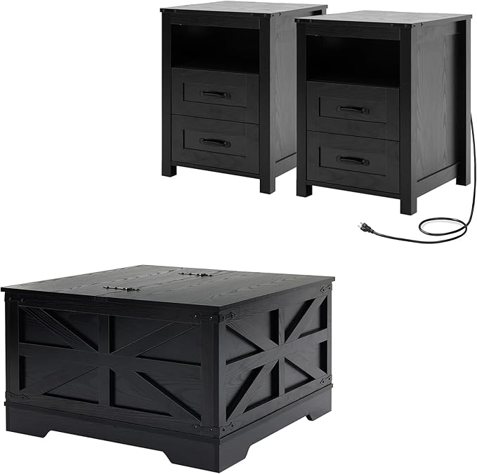 Farmhouse Living Room Table Set of 3, 2 Drawer Dresser End Table with Charging Station and 1 Coffee Table with Large Hidden Storage, Farmhouse Coffee Table Set for Living Room, Office, Black