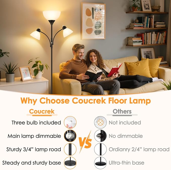 Coucrek Torchiere Floor Lamps for Living Room,72" Dimmable Lamp with 2 Adjustable Reading Lights for Bedroom, Black Tall Standing Room Lamp, 3 Bulbs Included