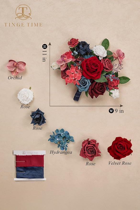 TINGE TIME 9 inch Bridal Bouquets for Bride, Artificial Silk Flowers Tossing Bouquet, Bride Bouquets for Wedding,Ceremony, Anniversary (Red&NavyBlue)