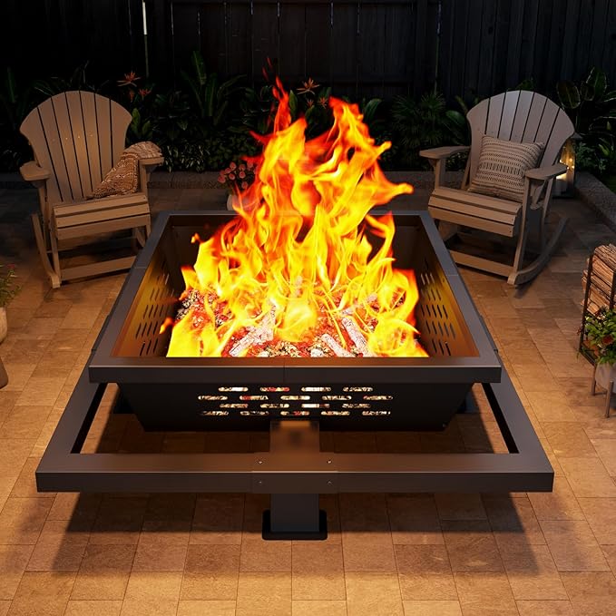 Auhilence 47" Large Fire Pit, Square Outdoor Fire Pit with Poker, Wood Burning FirePit for Camping, Backyard, Patio
