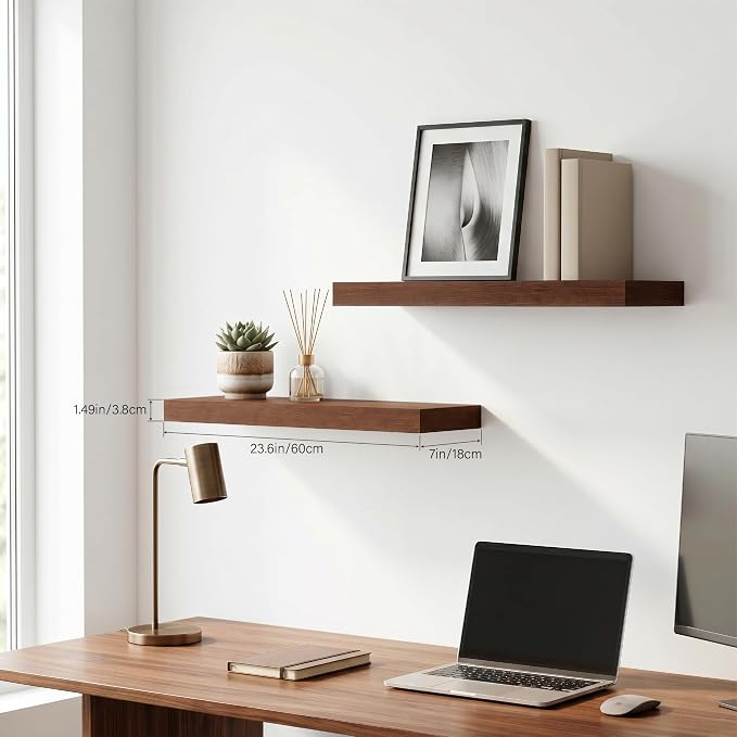 Walnut Floating Shelves Set of 2, 24 Inch Rustic Wood Wall Mounted Shelves for Bathroom, Bedroom, Living Room & Kitchen, Farmhouse Storage & Display Shelves