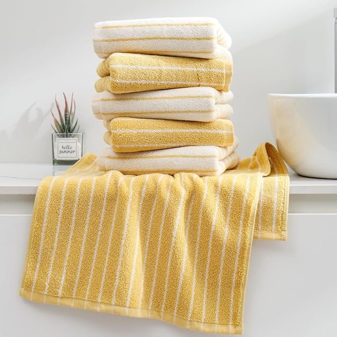 6-Pack Stripe 100% Cotton Hand Towels, Vintage Bathroom Decor, Ultra-Absorbent & Quick-Drying Face & Hand Towel for Adults Kids, Yellow and White Stripe