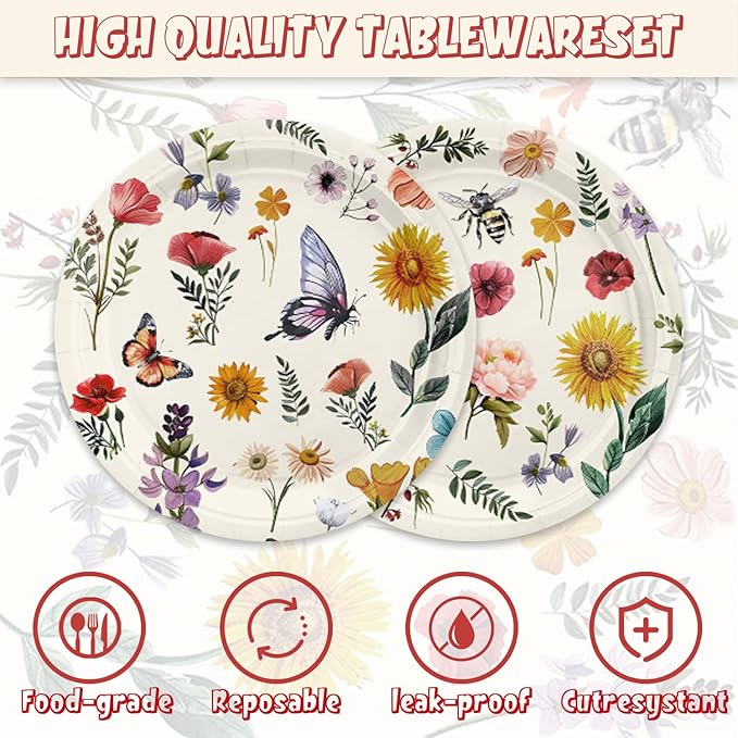 48Pcs Wildflower Birthday Party Supplies Include Plates Napkins Forks for 16 Guests Floral Paper Plates Vintage Flower Tea Party Decorations