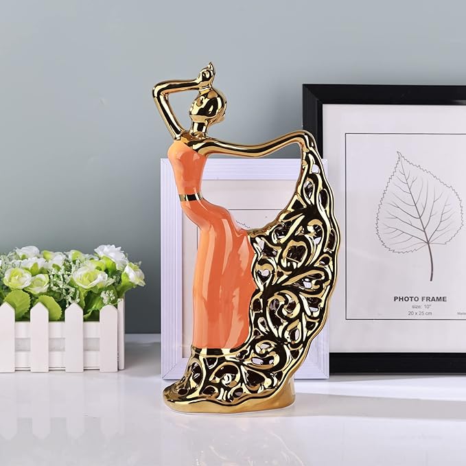 DOVDOV Abstract Ceramic Dancer Decorations, Orange and Gold Home Living Room Decorations for Coffee Table Entryway Bedroom Dresser Display Stand Decoration