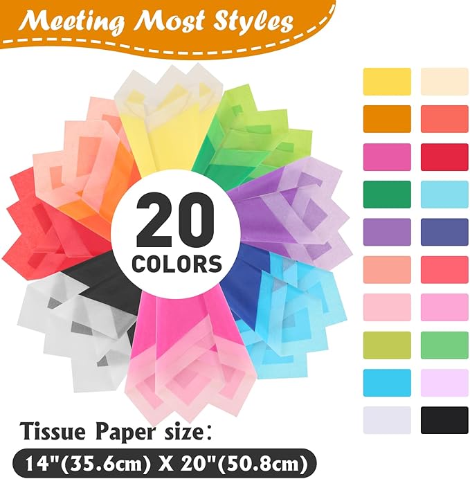 400 PCS Tissue Paper, 20 Colors 14" X 20" Tissue Papers Bulk for Packaging, Colored Tissue Paper for Gift Bags Crafts Birthday Party Flower Decoration