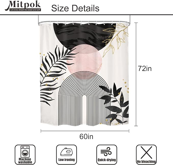 Black Pink Boho Shower Curtain Mid Century Modern Abstract Bohemian Minimalist Gold Leaves Sun Arch Geometric Plant 60Wx72H Bathroom Decor Neutral Bath Curtain Fabric Polyester 12 Pack Hooks