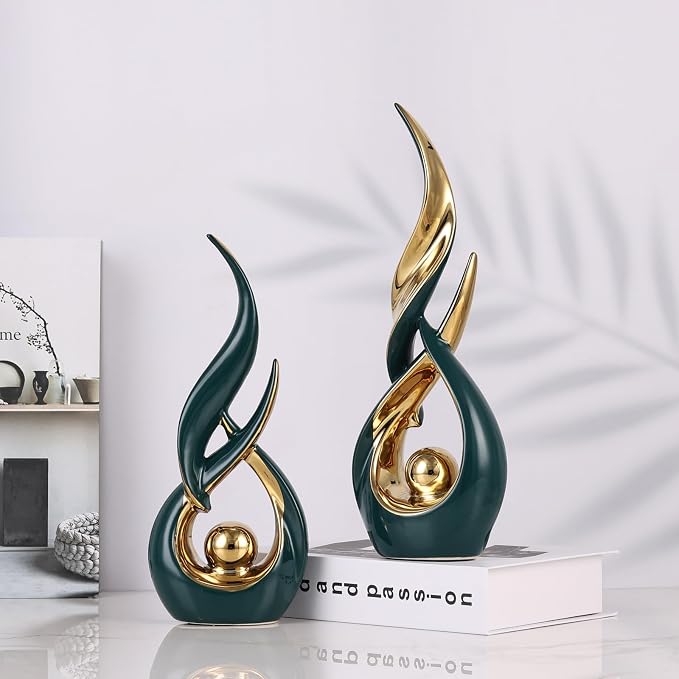 2 PCS Green Gold Ceramic Statues For Home Decor Accents, Modern Abstract Art Sculptures, Elegant Tabletop Decorative Objects For Dining Room, Entryway, Tv Stand, Mantel, Coffee Table Centerpieces