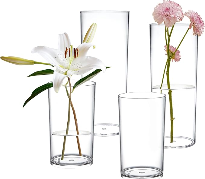 KLIFA- Carlsbad- Set of 4 Pieces, 6 & 9 Inch Tall, Plastic Cylinder Vases for Centerpieces, Acrylic Flower Vase for Wedding Centerpieces, Home Decorations, Clear