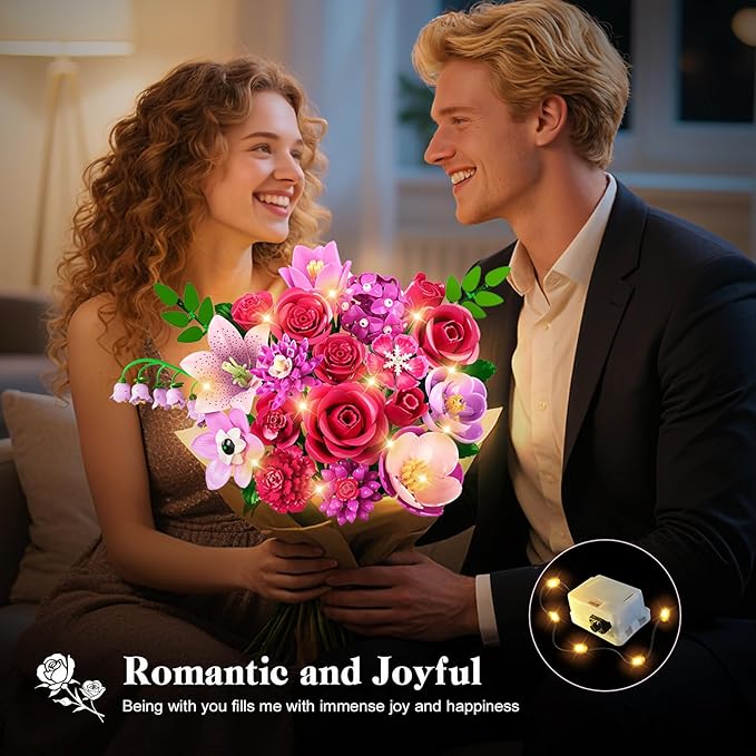 Flowers Bouquet Building Set with Light - 21 Rose Red Botanical Collection Building Block Set for Adults, 832 PCS Flower Plant Kit for Home Decor, for Her Women Girls Kids 12+