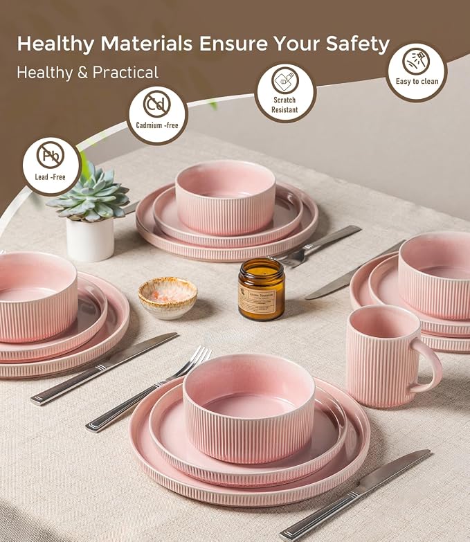 GBHOME 12-Piece Stoneware Dinnerware Set for 4 – Ribbed Ceramic Plates and Bowls, Scratch-Resistant, Microwave & Dishwasher Safe, Reactive Glaze, Blush Veil