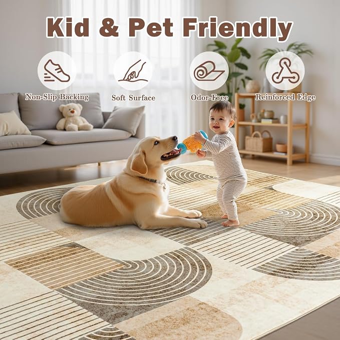 8x10 Area Rugs for Living Room-Washable Modern Geometric Neutral Beige Rug, Soft Non-Slip Indoor Floor Abstract Carpet for Bedroom Dining Room Nursery Office Home Decor