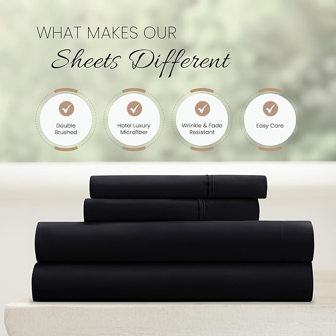 Linen Market Brushed Microfiber King Sheet Set 4 Piece – Oeko-TEX Certified Ultra Soft & Wrinkle-Free - 16" Deep Pocket Sheets - Easy Care King Size - Black