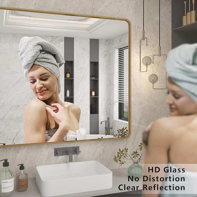 2 Pack of 22x30 Gold Bathroom Mirror, Rounded Rectangle Gold Frame Mirror, Brushed Gold Brass Bathroom Vanity Mirror Wall-Mounted, Anti-Rust, Hangs Horizontally or Vertically