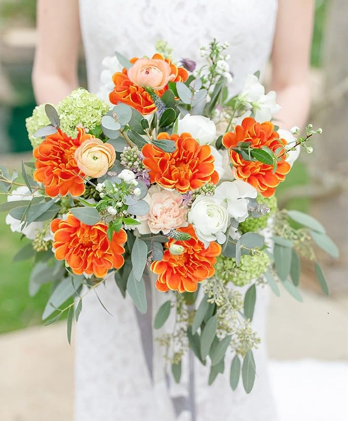IPOPU Orange Chrysanthemum Artificial Flowers 10pcs Fake Mums 13inch Faux PU Dahlia Flower Dahlia Flower with Stem for Home Wedding Office Table Centerpiece Floral Arrangement Decor(Orange)