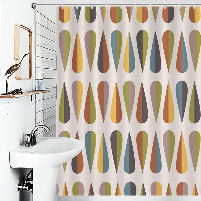 Mid Century Modern Shower Curtain,Colorful Abstract Geometric Drop Shapes Art Style Shower Curtains Set for Bathroom Fabric Decorative Bath Curtain Washable Curtain Hooks, 72x72”