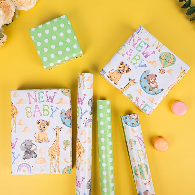 Altarho Reversible Baby Shower Wrapping Paper for Kids Girls Boys - 17 Inch x 33 Feet - Lion Giraffe Animals & New Baby Design for Neutral Baby Shower Party Birthday Holiday