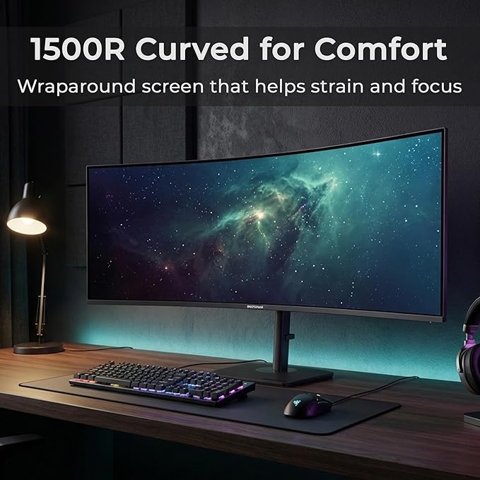 Deco Gear 49" Curved Ultrawide DQHD Monitor, 5120×1440 165Hz 1500R, USB-C 65W KVM, HDR Adaptive Sync, Dual HDMI 2.1, DP 1.4, Speakers, Ergonomic, American Seller